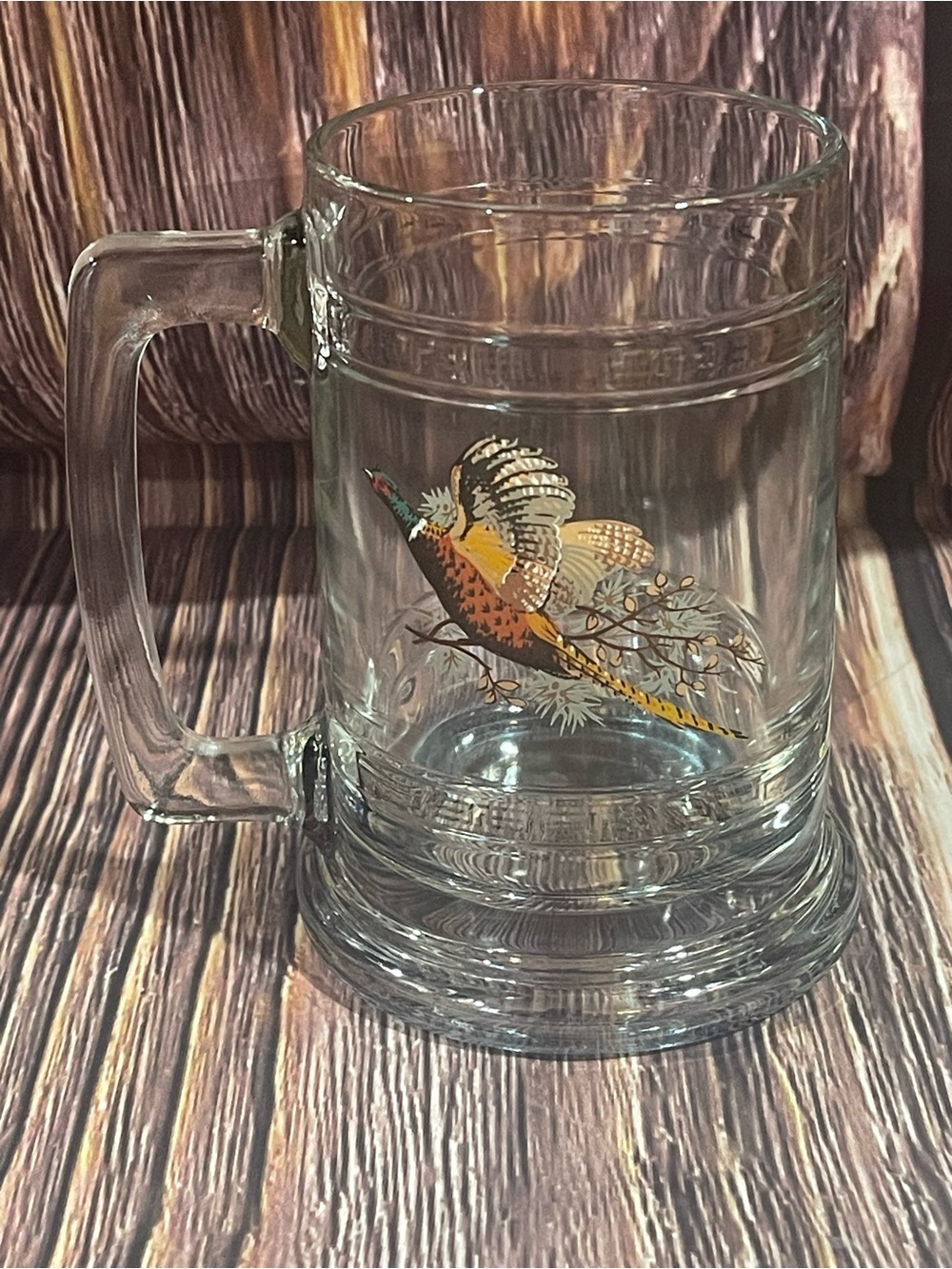 Unbranded 5.25” Pheasant Heavy Glass Clear Root Beer Mug Stein EUC